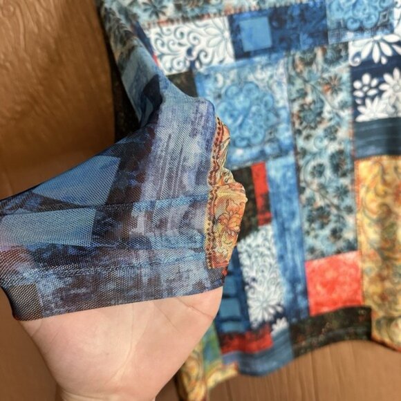 Ali Miles Patchwork Print Blouse Top Sheer Sleeves Size Petite L Colorblock - Picture 4 of 5